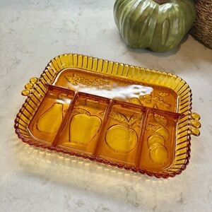 VINTAGE, INDIANA GLASS, AMBER DIVIDED RELISH SERVING TRAY.